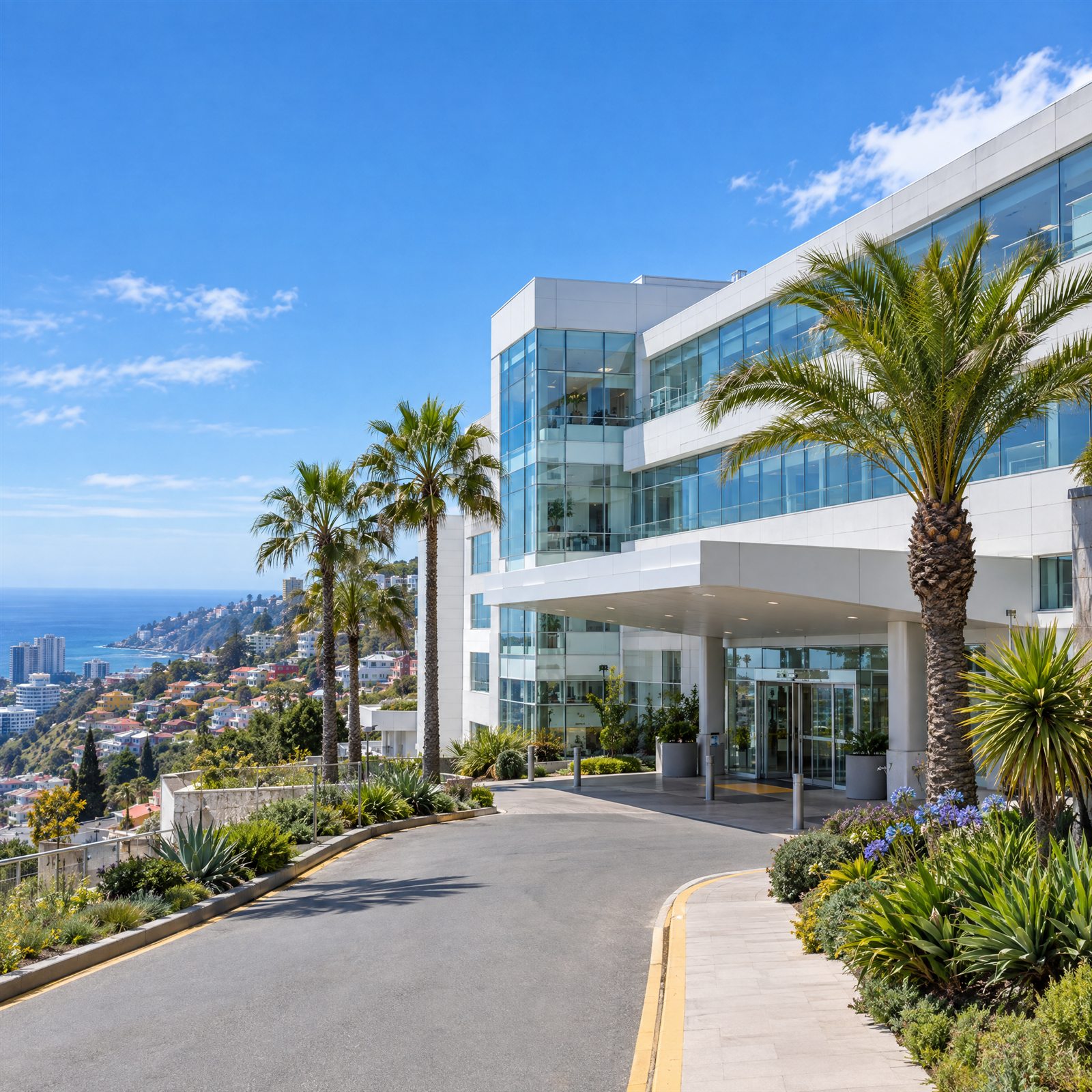 Clínica moderna en Viña del Mar, con palmeras, cerros y el mar de fondo