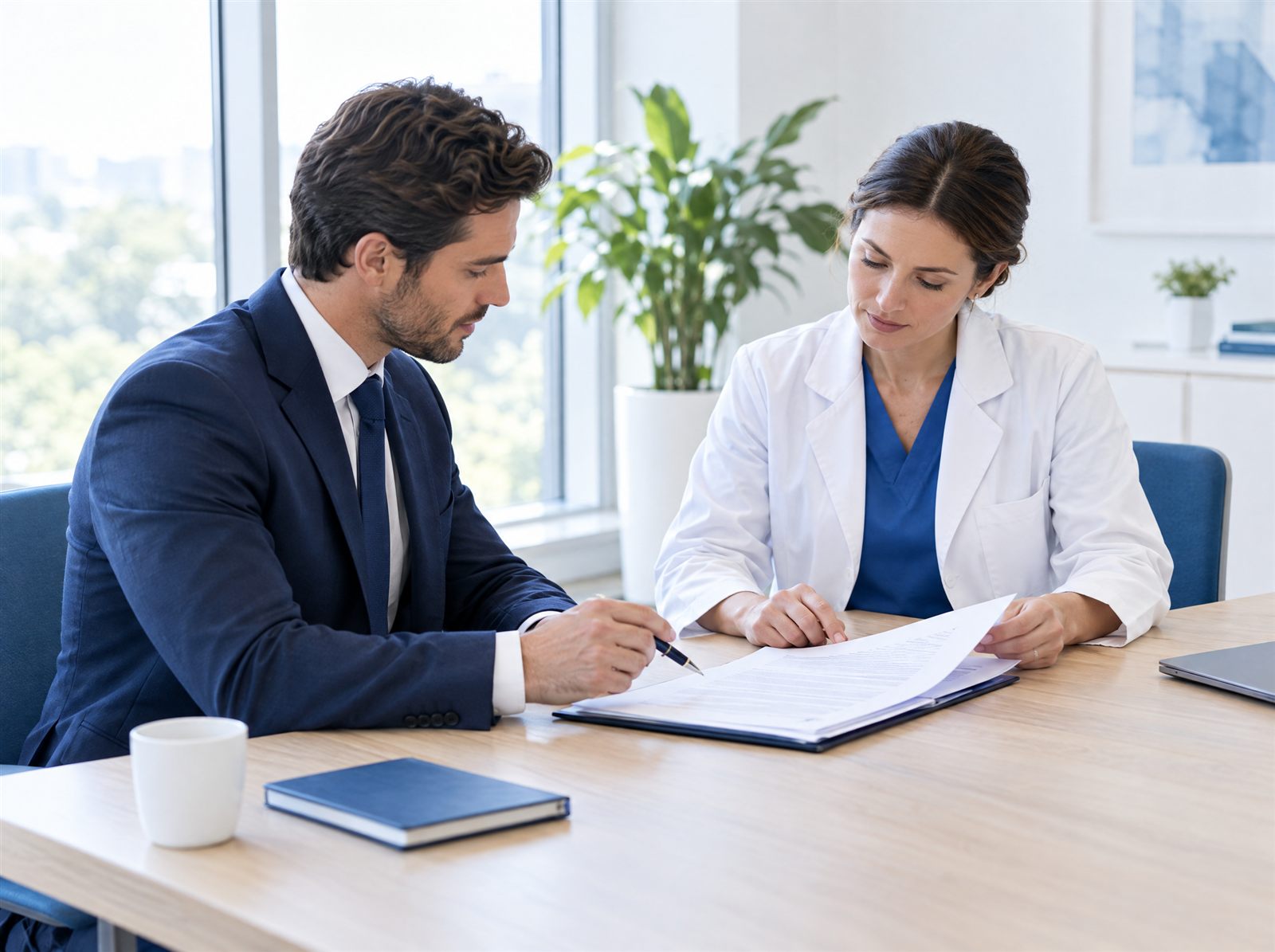 Abogado y directora de una clínica revisando un contrato en una sala de reuniones luminosa